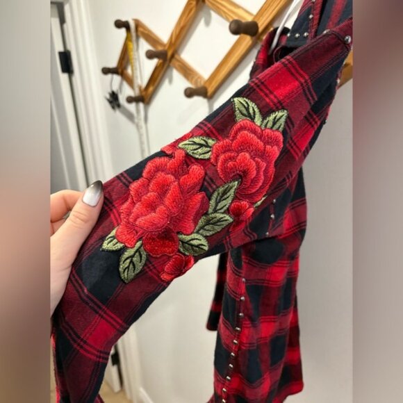 Rails Red and Black Plaid Shirt with studs and rose patch work - Picture 7 of 11